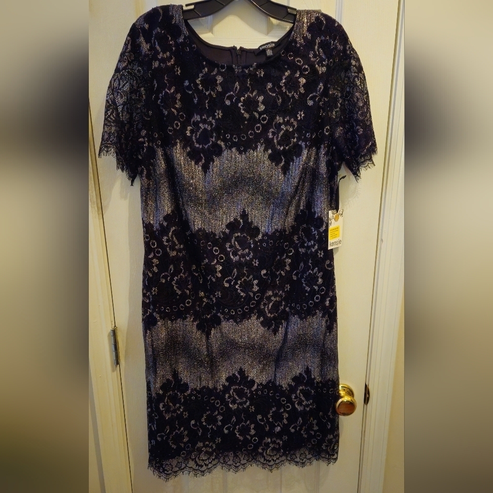 NWT - Kensie Black & Silver Lace Lined Dress - Size 16